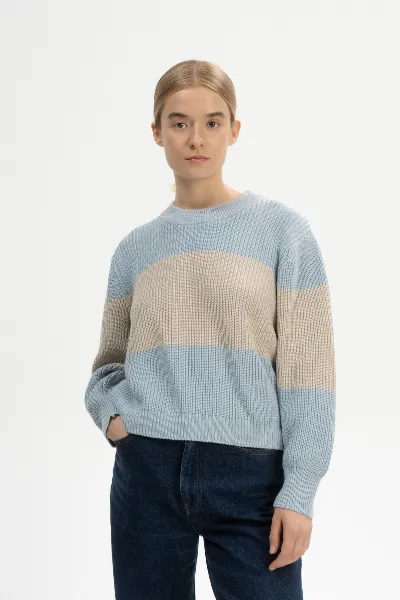 MELA MELA Damen vegan Strickpullover Rib Adah Stripes Wolkenblau/Kieselmelange