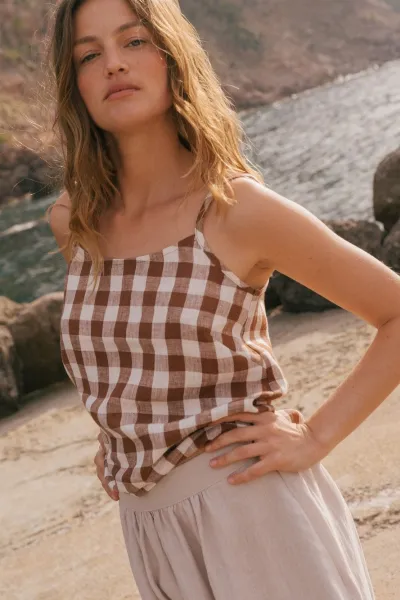 AmourLinen AmourLinen Damen vegan Oberteil Hilo Mocha Gingham