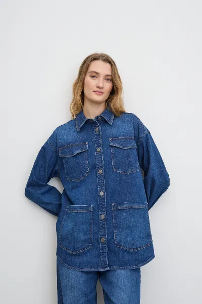 LAURIE LAURIE Damen vegan Hemdjacke Mille Ls Washed Blue Denim