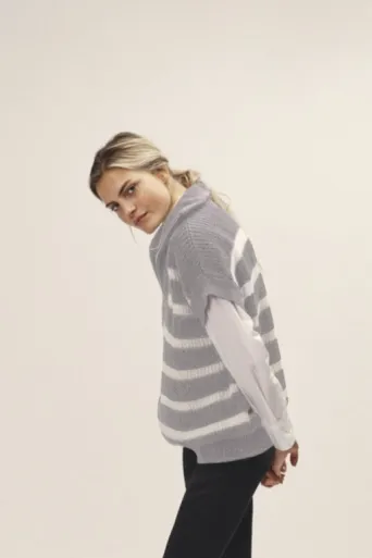 WOTE WOTE Damen vegan Strickweste Stripes Greymelange WeiÃŸ