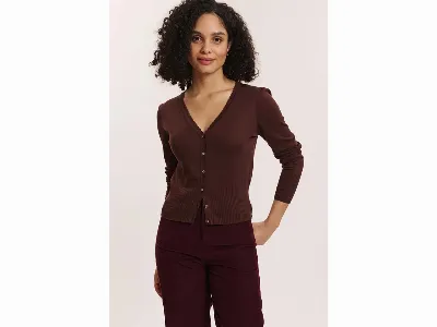 tranquillo tranquillo Bio-Damen-Cardigan 'Linaa' mit Zierkanten am V-Ausschnitt, chocolate,