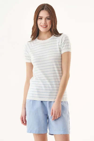 ORGANICATION ORGANICATION Damen vegan T-Shirt Mit Streifen Feinstrick Blauer Dunst & Off White