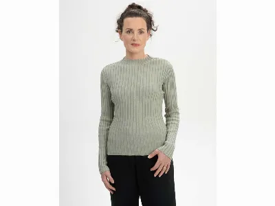 MELA MELA Bio-Damen-Strickpullover 'NAMARI' mit kurzem Stehkragen, green clay,