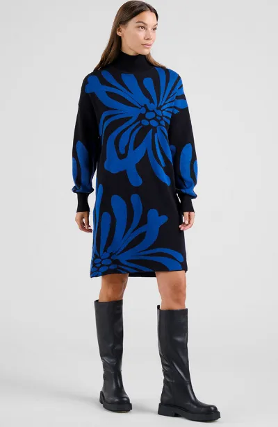Dedicated DEDICATED Damen vegan Kleid Nikkala Big Flower Schwarz Blau