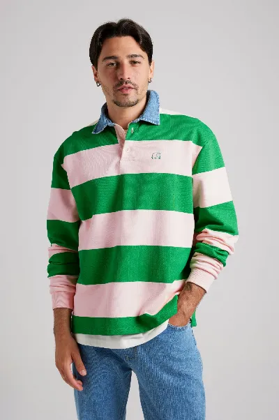 Trendsplant Trendsplant Herren vegan Pullover Yard Rugby Polo, Fern Green/Cloud Pink