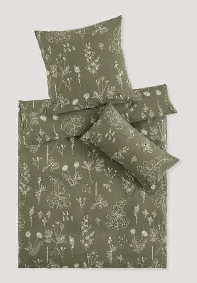 hessnatur hessnatur Renforcé Bettwäsche-Set LONNO aus Bio-Baumwolle - grün - Größe 155x220 / 80x80 cm