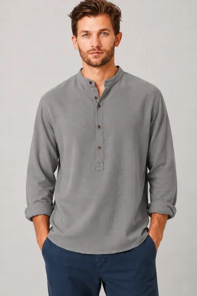 HempAge Hempage Herren vegan Hemd Stehkragen Schlupfhemd Taupe