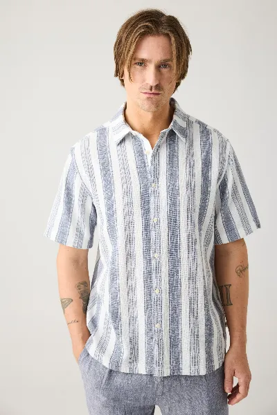 KnowledgeCotton Apparel KnowledgeCotton Apparel Herren vegan Hemd Relaxed Stripe Kurzärmelig Blau