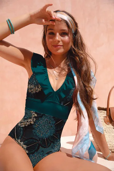 Averie Averie Damen vegan Badeanzug Retro One-Piece Nori Dandelions Print On Black