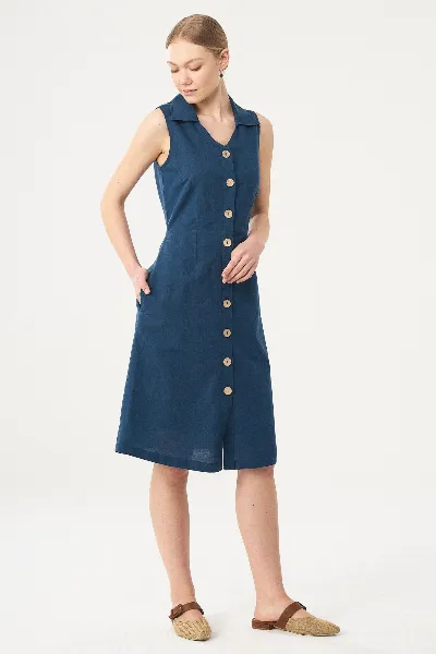 ORGANICATION ORGANICATION Damen vegan Hemdkleid Leinen Bio-Baumwolle Blau