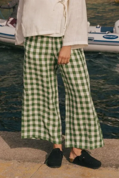 AmourLinen AmourLinen Damen vegan Hose Tokyo Green Gingham