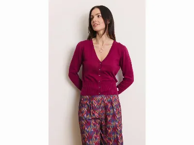 tranquillo tranquillo Bio-Damen-Cardigan 'Linaa' mit Zierkanten am V-Ausschnitt, raspberry,