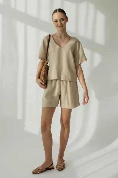Amber Linen Amber Linen Damen vegan Set Shorts Palma Pale Sand
