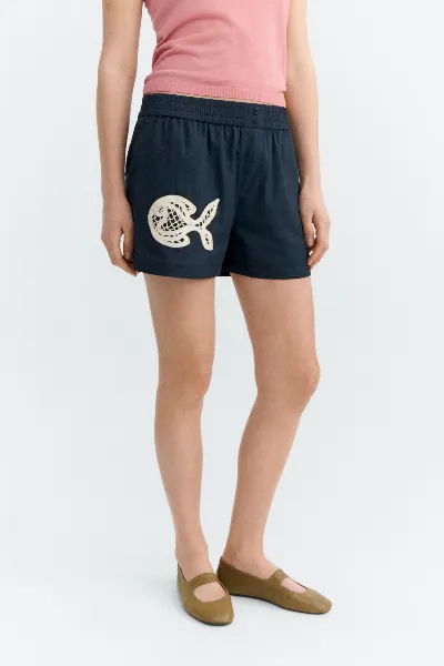 thinking mu Thinking MU Damen vegan Shorts Handbestickte Geraldine Navy