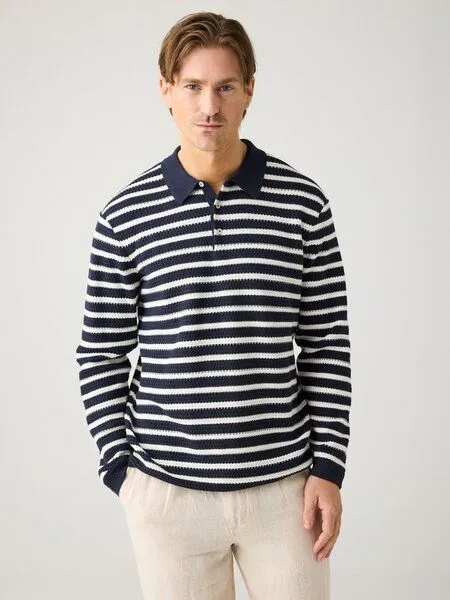 KnowledgeCotton Apparel KnowledgeCotton Apparel Gestricktes Langarm-Poloshirt mit Streifen aus Bio-Baumwolle