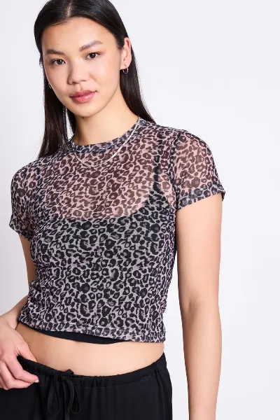 JAN N JUNE JAN 'N JUNE Damen vegan T-Shirt Evie Mesh Leo Print Schwarz/Rosa