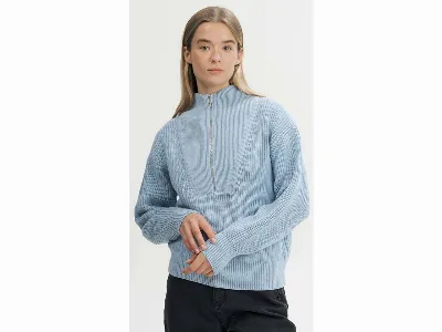 MELA MELA Bio-Damen-Rippstrick Troyer 'KIMAYA' mit Stehkragen, salty blue melange,