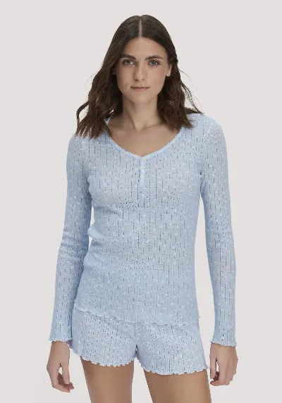 hessnatur hessnatur Damen Pointelle Henley Schlafshirt PURE COTTON aus Bio-Baumwolle - blau