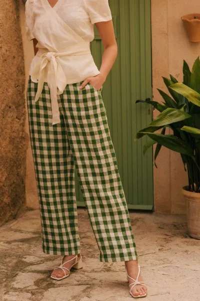 AmourLinen AmourLinen Damen vegan Hose Straight Barbora Grün Gingham