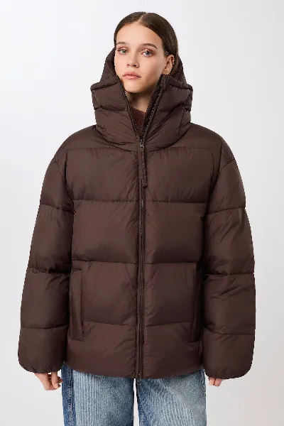 LangerChen LangerChen Damen vegan Steppjacke Mit Abnehmbarer Kapuze Farbe Kaffee