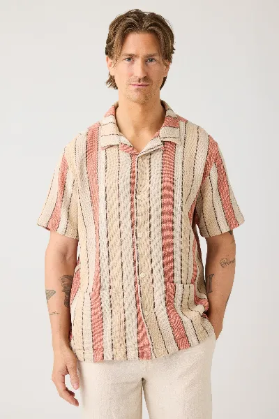 KnowledgeCotton Apparel KnowledgeCotton Apparel Herren vegan Hemd Kurzarm Gestreift Rot