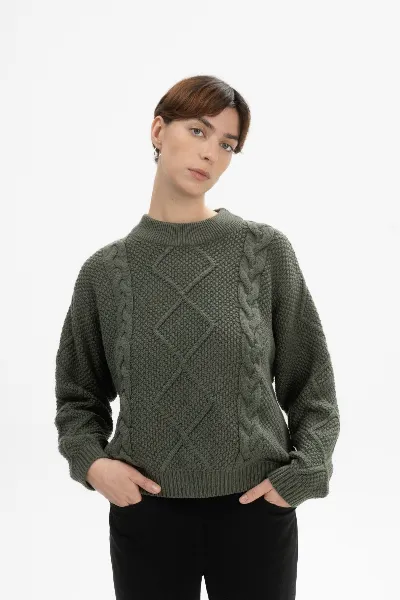 MELA MELA Damen vegan Strickpullover Cable Samaira Grün Melange
