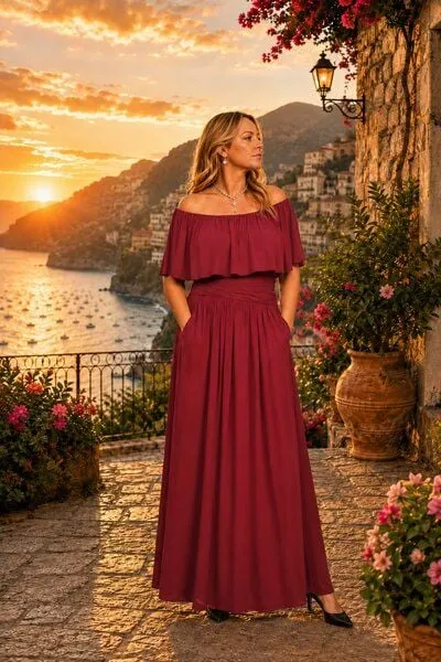 Ingoria Ingoria Eliana Maxikleid mit Carmen-Ausschnitt (Uni)