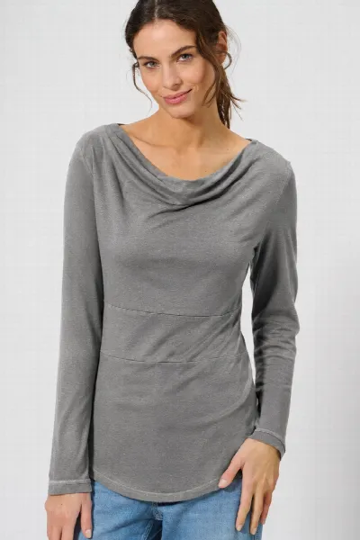 HempAge Hempage Damen vegan Langarmshirt Wasserfallkragen Taupe
