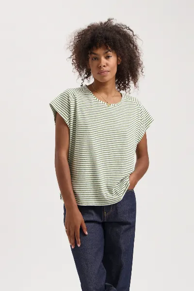 Kuyichi Kuyichi Damen vegan T-Shirt Celine Gestreift Tannengrün & Cremefarben