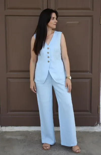 Amber Linen Amber Linen Damen vegan Set Weste Und Hose Cremona Himmelblau