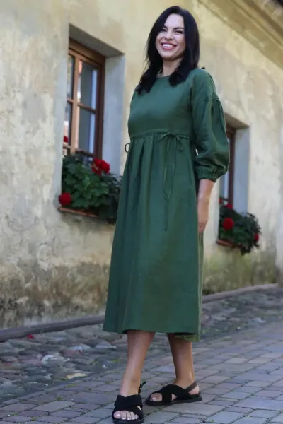 Amber Linen Amber Linen Damen vegan Kleid Verona Waldgrün