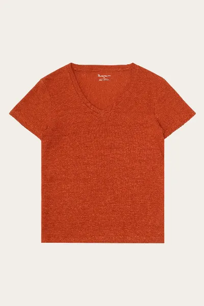 KnowledgeCotton Apparel KnowledgeCotton Apparel Damen vegan T-Shirt Leinen V-Ausschnitt Gebrannter Ziegel