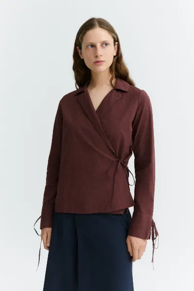 thinking mu Thinking MU Damen vegan Wickelbluse Lenie Aus Seersucker In Dunkelwein