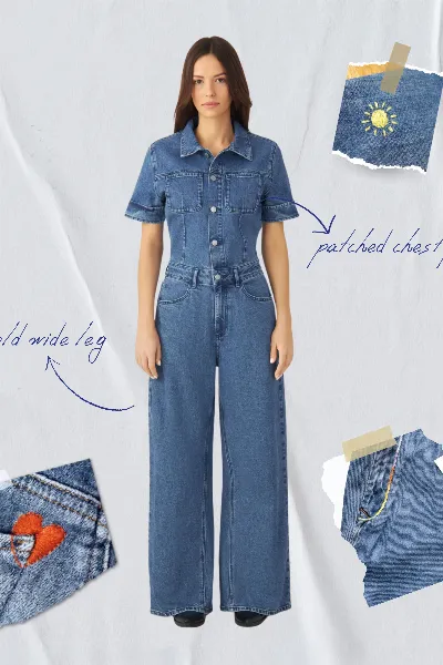 DAWN Dawn Damen vegan Jumpsuit Twitter Kunst Auf Scherben Medium Blau