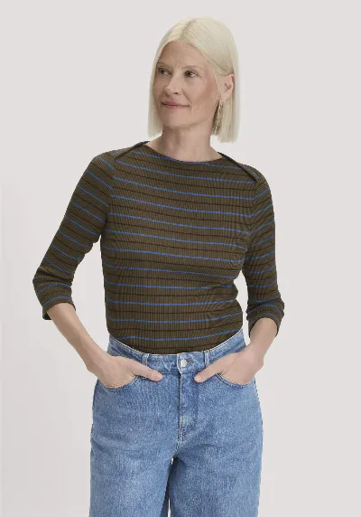 hessnatur hessnatur Damen Slubrib Streifen Longsleeve Slim aus Bio-Baumwolle - grün