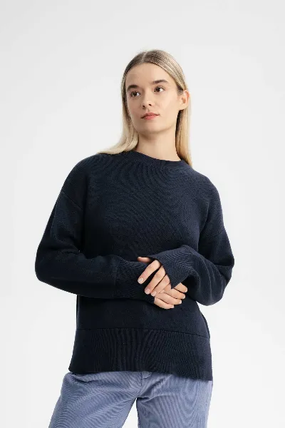MELA MELA Damen vegan Strickpullover Boxy Jacquard Faiza Marineblau