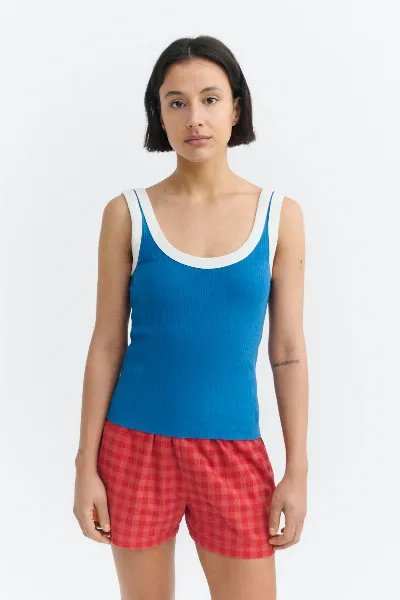 thinking mu Thinking MU Damen vegan Top Julia Gerippt Blau WeiÃŸ Kontrast