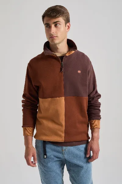 Trendsplant Trendsplant Herren vegan Sweatshirt Color Block Quarter Zip Cherry Mahogany
