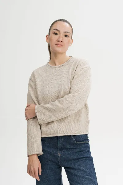 MELA MELA Damen vegan Strickpullover Mit Umgeschlagenem Saum â€“ Geetha Pebble Melange