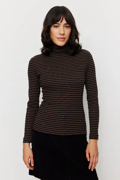 recolution Recolution Damen vegan Langarmshirt Liatris Stripes In Schokoladenbraun