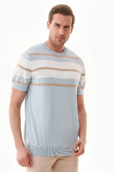 ORGANICATION ORGANICATION Herren vegan T-Shirt Mit Streifen Feinstrick Blauer Dunst, Beige & Off White