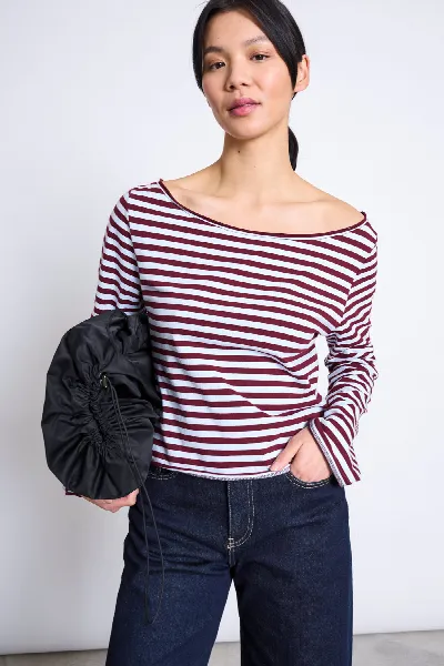 JAN N JUNE JAN N JUNE Damen vegan Langarmshirt Offshoulder Arba Rot Blau Gestreift