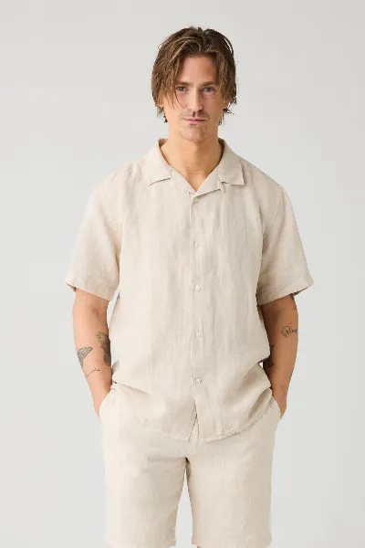 KnowledgeCotton Apparel KnowledgeCotton Apparel Herren vegan Hemd Mit Kurzen Ã„rmeln Box Fit Light Feather Gray