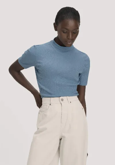 hessnatur hessnatur Damen Mock-Neck Shirt Slim aus Bio-Baumwolle - blau