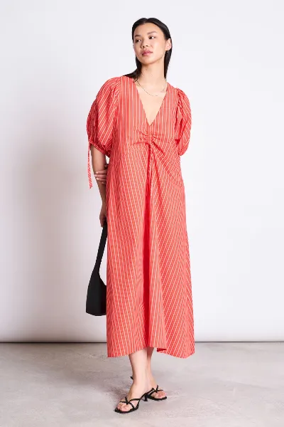 JAN N JUNE JAN 'N JUNE Damen vegan Maxikleid Dans Cherry Rot & WeiÃŸ Gestreift
