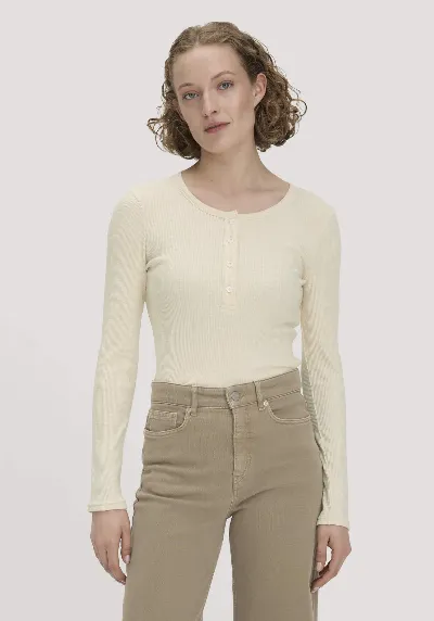hessnatur hessnatur Damen Longsleeve Henley Slim aus Bio-Baumwolle - weiß