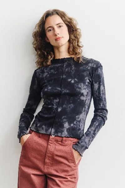 Rotholz Rotholz Damen vegan Langarm-Shirt Mit Biesen Schwarz Batik