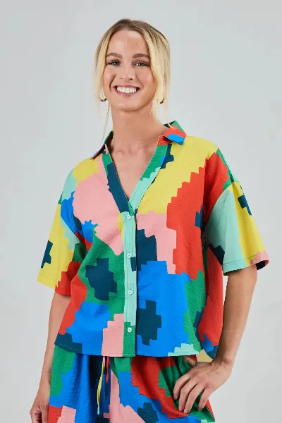 Brava Fabrics Bluse Maxi Flower Oversize Cropped Blau