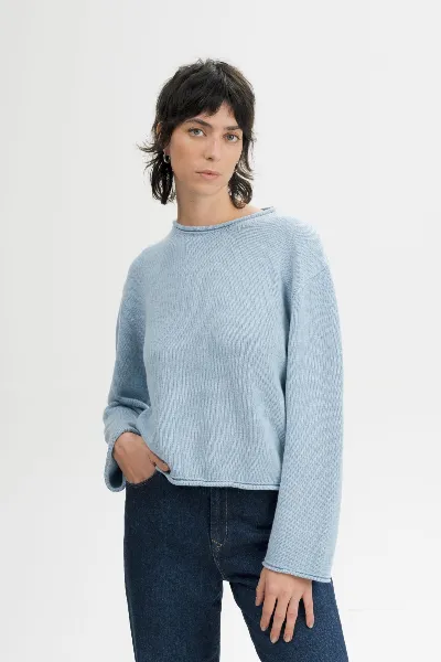 MELA MELA Damen vegan Strickpullover Mit Umgeschlagenem Saum Geetha Salty Blue Melange