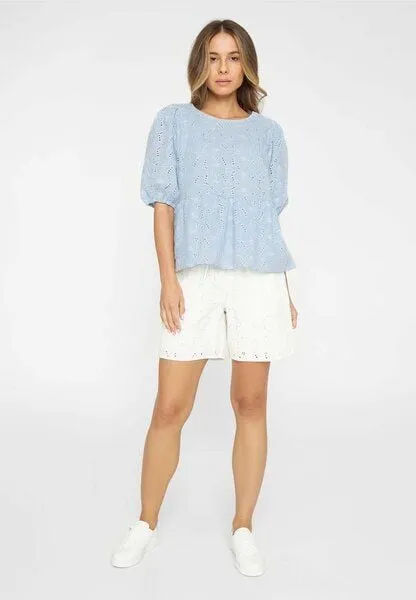 KnowledgeCotton Apparel KnowledgeCotton Apparel Bluse Broderie Anglaise mit Puffärmeln aus Baumwoll-Leinenmix
